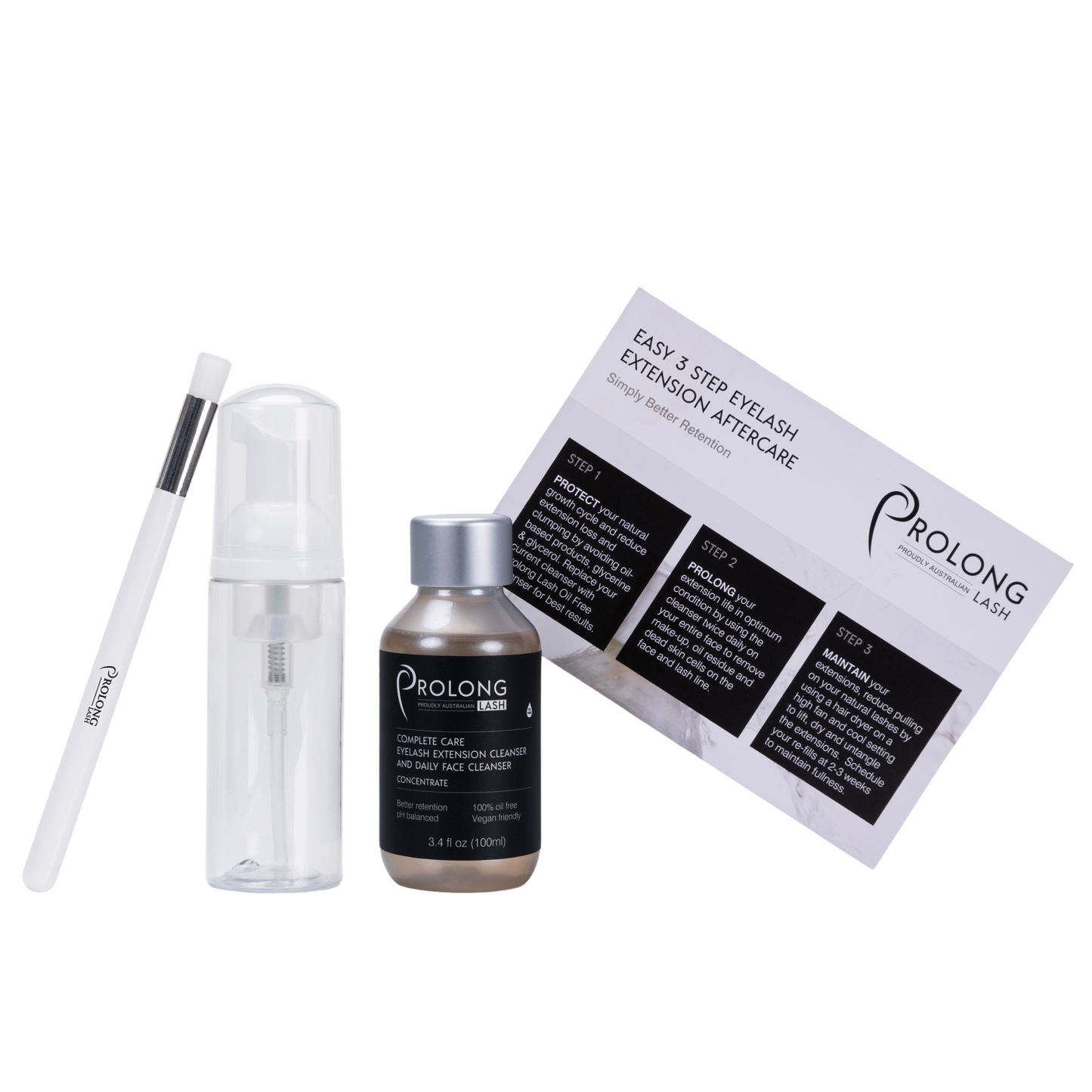 100ml Prolong Lash Cleanser Concentrate bottle, clear 60ml foaming pump bottle, eyelash extensions cleansing brush, eyelash extension aftercare card