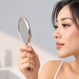 Woman checking eyelash extensions in hand mirror
