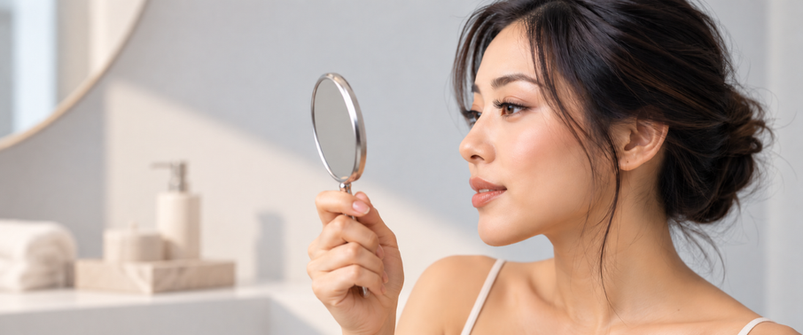 Woman checking eyelash extensions in hand mirror