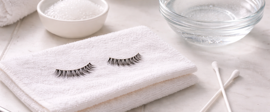 False eyelashes on a clean towel with lash cleansing tools and water bowl.