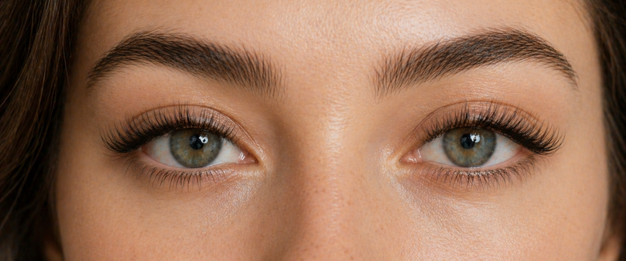 Model with lash extensions looking into the camera