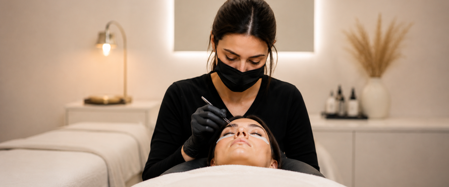 Lash artist applying extensions to a client in a softly lit luxury lash studio.