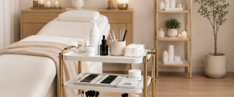Salon trolley with lash tools and foaming cleanser beside a treatment bed in a warm neutral beauty studio.