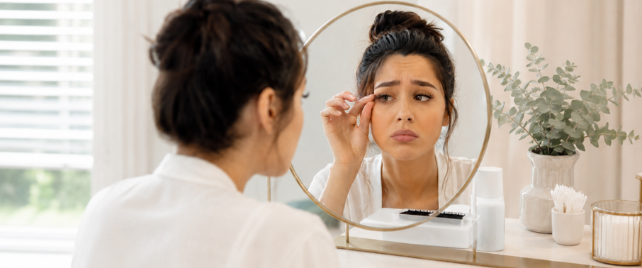 Woman checking thinning lash extensions in mirror.