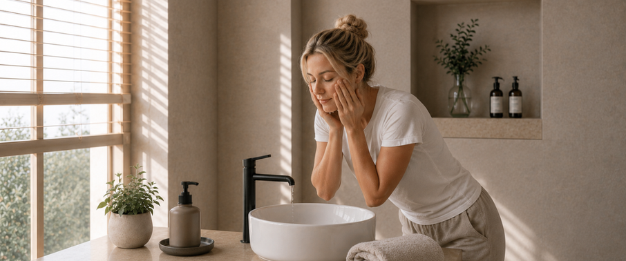 woman washing her face