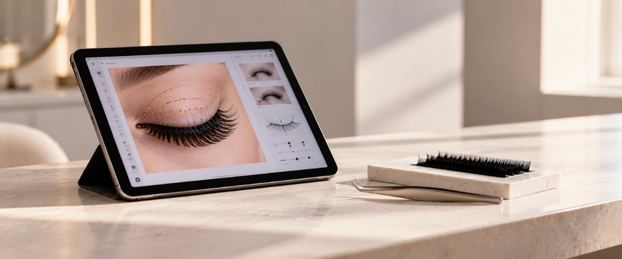 Tablet displaying a digital lash mapping app beside extension trays and tweezers on a salon counter.