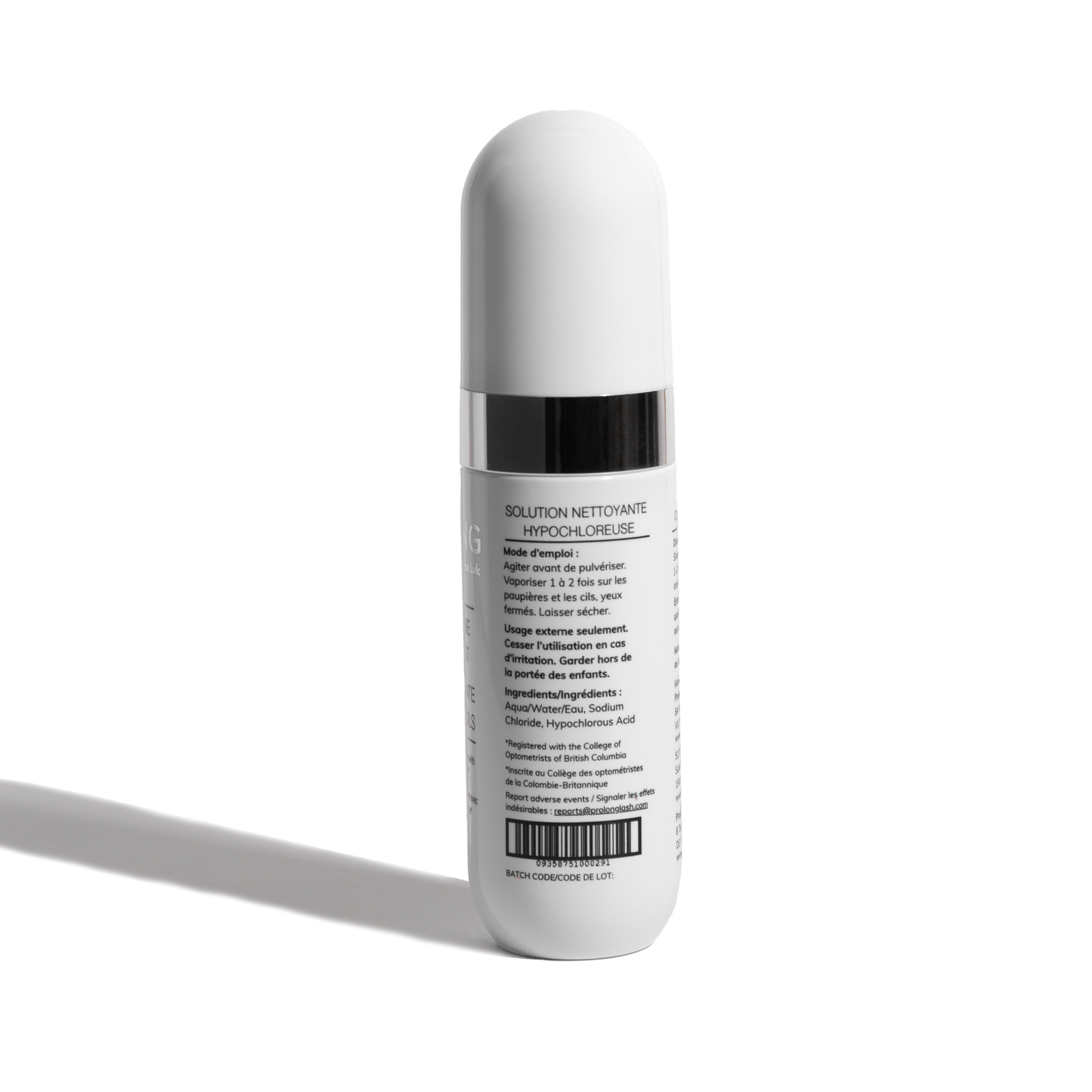 A white cylindrical\ bottle with a silver band and black text on the label, shown from the back against a clean white background with a soft shadow.