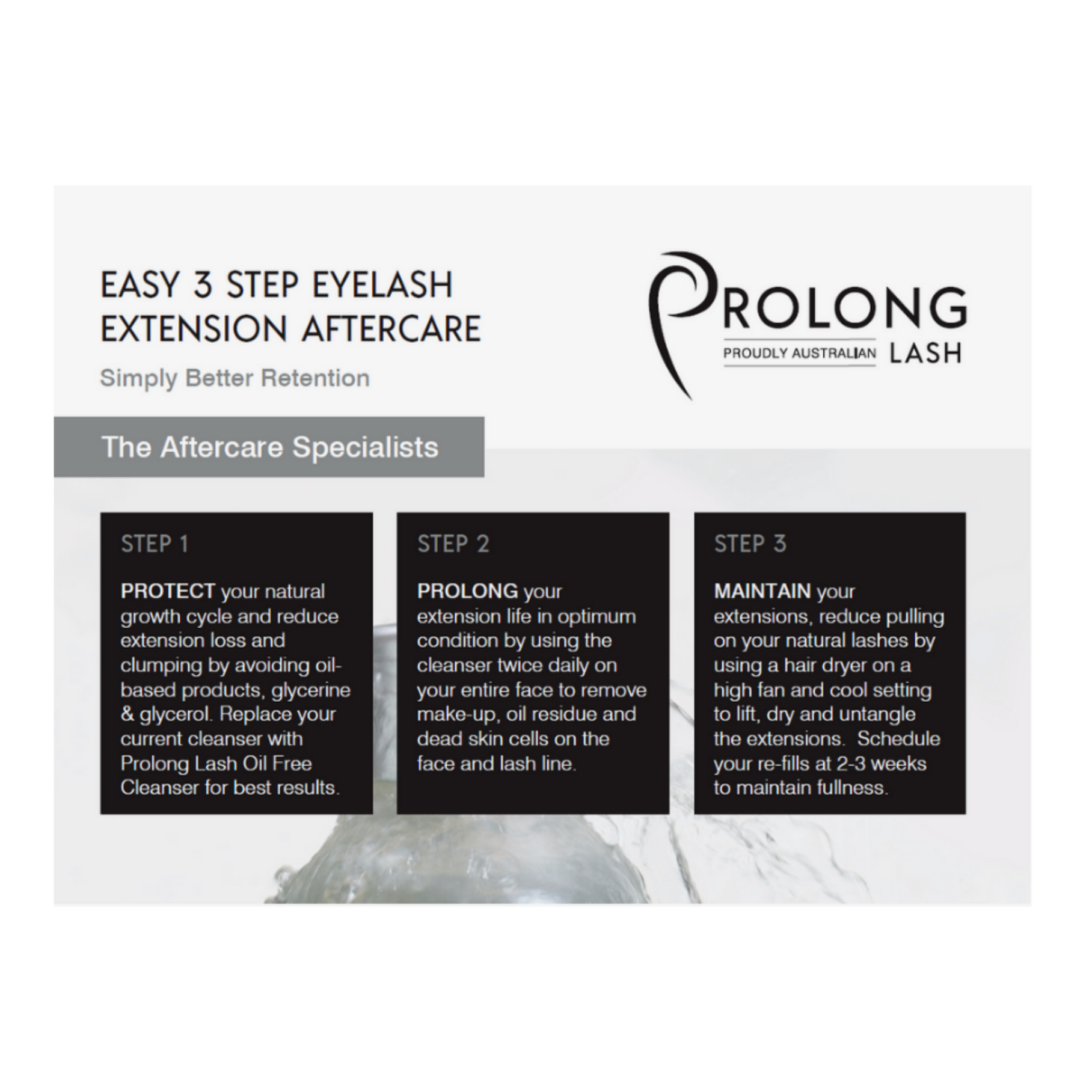 Postcard with information on 3 step process to caring for eyelash extensions