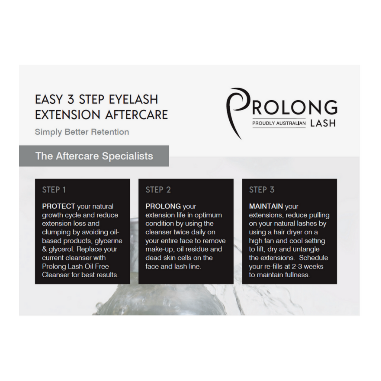 Postcard with information on 3 step process to caring for eyelash extensions