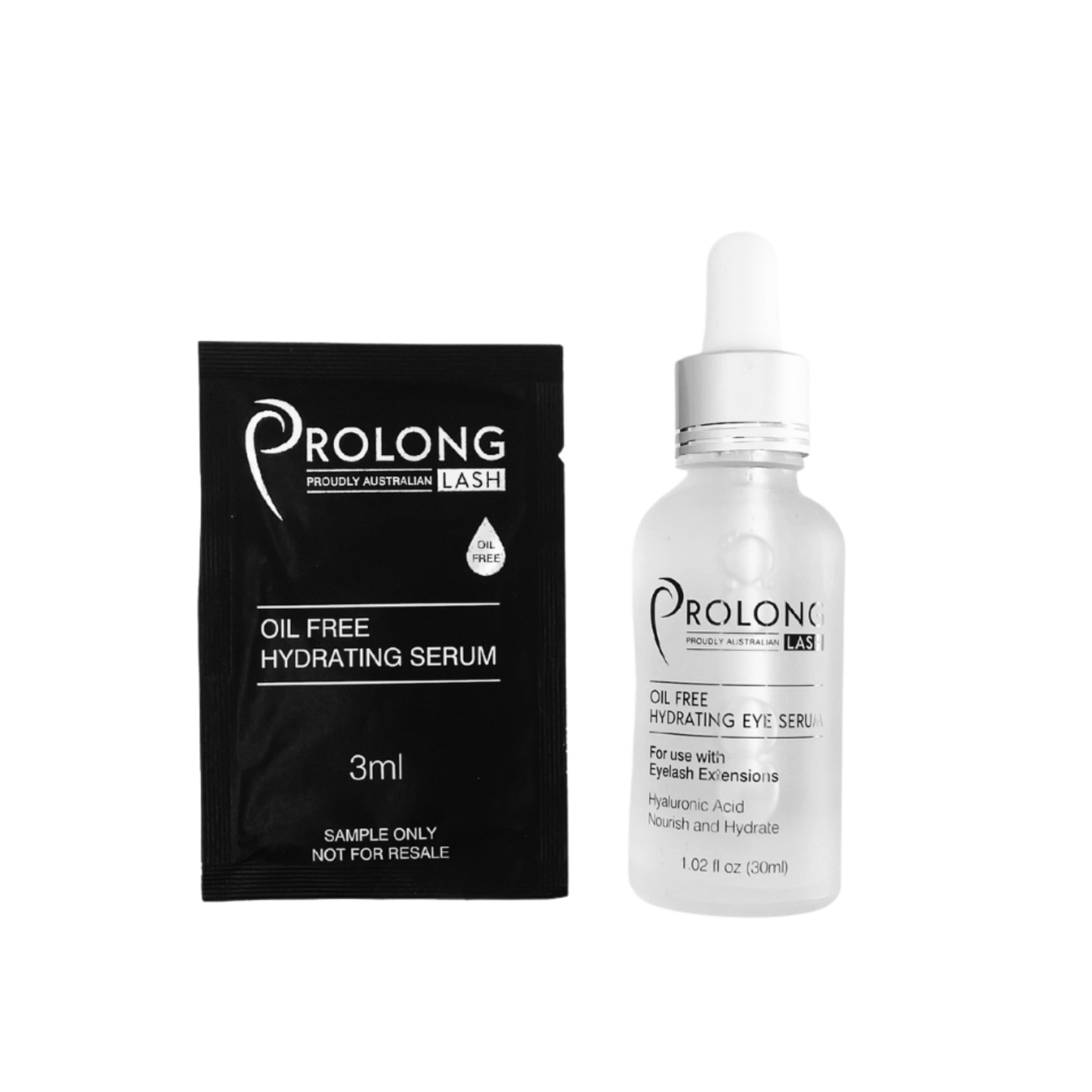 3ml Prolong Lash Under Eye Hydrating Serum sample packet and 30ml glass bottle with dropper